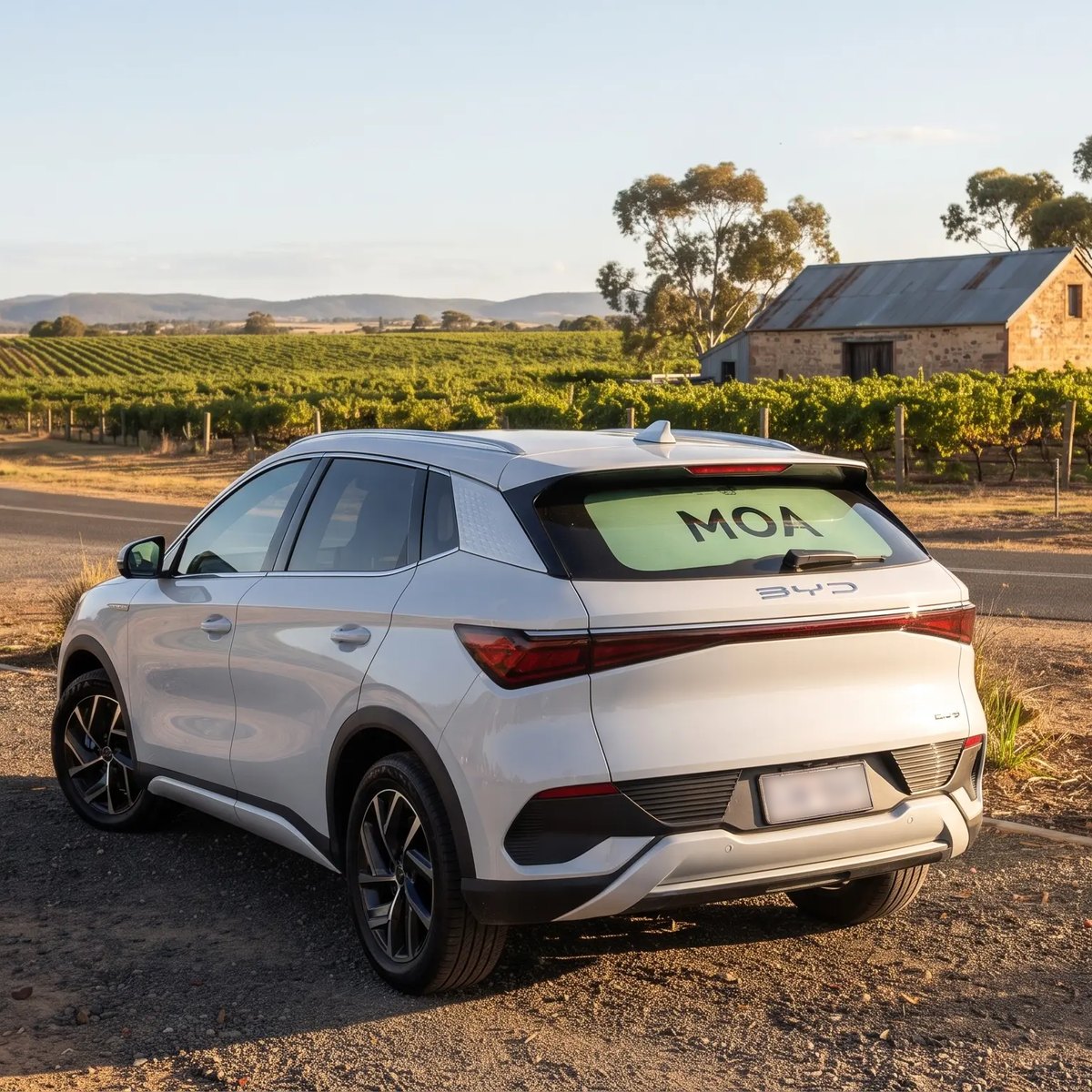 EV forward fleet: MOA branded electric SUV parked on a country road